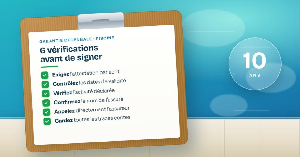 Presse-papiers listant les 6 vérifications de la garantie décennale à faire avant de signer le devis d’une piscine
