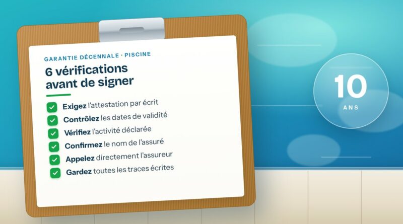 Presse-papiers listant les 6 vérifications de la garantie décennale à faire avant de signer le devis d’une piscine