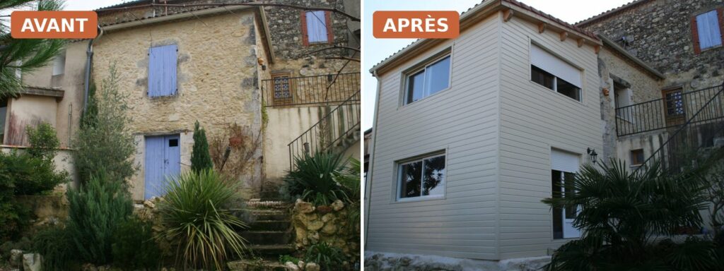 Avant / après : l'arrière de la maison en pierre et l'agrandissement ossature bois terminé