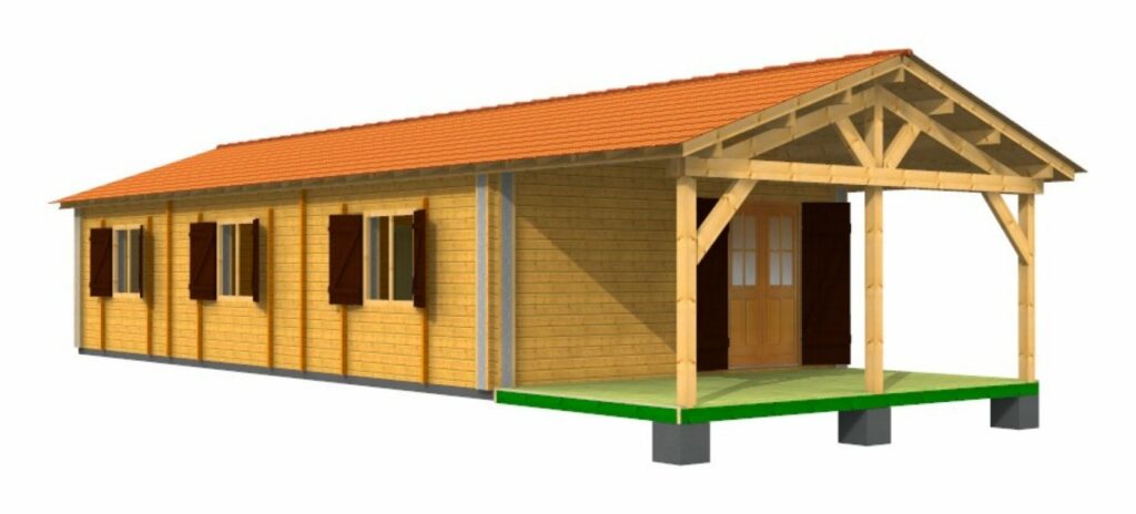 Vue 3D de la maison en madriers avec son auvent