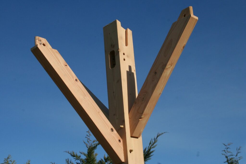 Tête de poteau taillée : mortaise et jambes de force