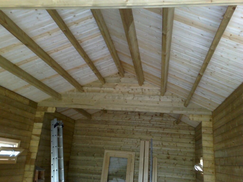 Plafond en lambris et pannes apparentes du garage bois
