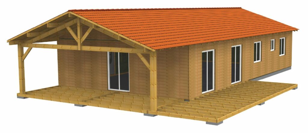 Vue 3D d'une maison ossature bois avec porche en charpente traditionnelle et terrasse bois