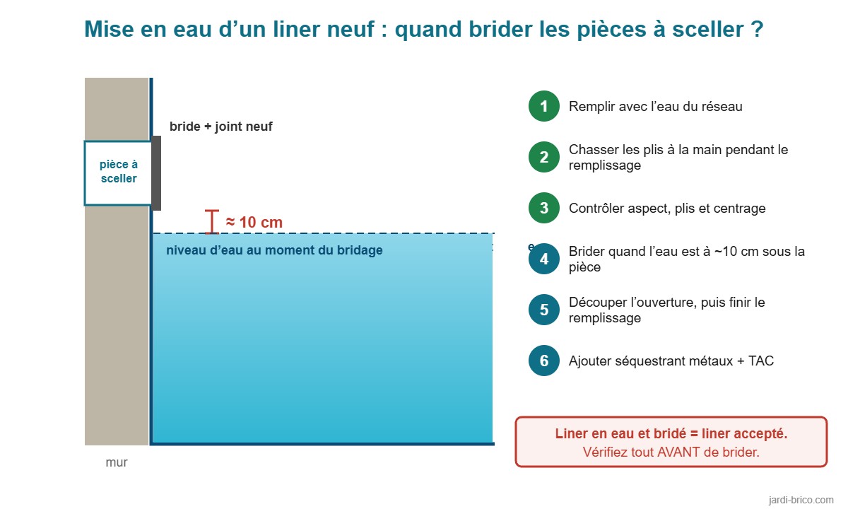 Schéma : brider les pièces à sceller quand l’eau est à environ 10 cm sous la pièce, étapes de mise en eau d’un liner